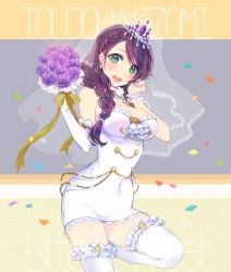 Rule 34 | 10s, 1girl, bare shoulders, bittersweet (dalcoms), blush, bouquet, braid, breasts, bridal veil, bride, brown hair, cleavage, crown, diadem, dress, elbow gloves, female focus, flower, garter straps, gloves, green eyes, hair over shoulder, highres, jewelry, large breasts, long hair, love live!, love live! school idol festival, love live! school idol project, ribbon, short dress, side braid, smile, solo, thighhighs, thighs, tojo nozomi, veil, wedding, wedding dress, white thighhighs, wrist ribbon, zettai ryouiki