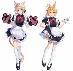 Rule 34 | 2boys, :o, alternate costume, animal ears, animal hands, apron, black dress, black footwear, black gloves, blonde hair, blue gemstone, bow, bowtie, brooch, cake, cake slice, cat ears, cat tail, clothes lift, collared dress, contrapposto, crossdressing, crossed legs, cup, dress, drinking glass, earrings, enmaided, ensemble stars!, eyes visible through hair, facing viewer, food, frilled apron, frilled dress, frills, full body, gem, gloves, green eyes, green gemstone, hair between eyes, hands up, heart, heart-shaped gem, heart brooch, heart o-ring, highres, holding, holding plate, jewelry, kemonomimi mode, kes 0210, kneehighs, looking at viewer, maid, male focus, mary janes, multiple boys, nito nazuna, o-ring strap, open hands, paw gloves, paw print palms, plate, puffy short sleeves, puffy sleeves, rabbit ears, rabbit tail, red bow, red eyes, shiratori aira (ensemble stars!), shirt tucked in, shoes, short dress, short hair, short sleeves, side-by-side, simple background, skinny, skirt, skirt lift, sleeve cuffs, socks, tail, thigh strap, trap, waist apron, watson cross, white background, white bag, white socks, wing collar