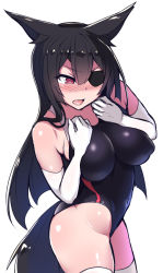 Rule 34 | 1girl, animal ears, black hair, blush, breasts, cleavage, competition swimsuit, covered navel, cowboy shot, eyebrows, eyepatch, female focus, fox ears, fox tail, full-face blush, gloves, groin, impossible clothes, impossible swimsuit, large breasts, long hair, one-piece swimsuit, open mouth, original, red eyes, rinka (ruuku), ruuku (azukieru), simple background, sketch, solo, swimsuit, tail, thighhighs, very long hair, white background, white gloves, white thighhighs