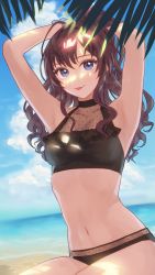 Rule 34 | 1girl, :p, ahoge, alternate hairstyle, armpits, arms behind head, arms up, artist name, bare arms, bare shoulders, beach, bikini, black bikini, blue eyes, blue sky, breasts, brown hair, closed mouth, cloud, collarbone, commentary request, cowboy shot, dutch angle, frilled bikini, frills, grey scrunchie, hair between eyes, highres, horizon, ichinose shiki, idolmaster, idolmaster cinderella girls, kumonon (8f2k3), long hair, looking at viewer, medium breasts, navel, outdoors, palm leaf, ponytail, scrunchie, see-through, sidelocks, sitting, sky, smile, solo, stomach, sunlight, swimsuit, tongue, tongue out, tying hair, wavy hair