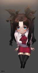 Rule 34 | 1girl, aged down, bad id, bad pixiv id, black thighhighs, blue eyes, blush, brown hair, child, fate/zero, fate (series), foreshortening, h cheomji, hair ribbon, long hair, perspective, ribbon, solo, thighhighs, tohsaka rin, twintails