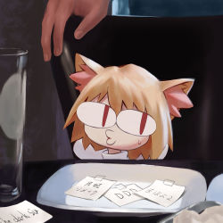 Rule 34 | &lt;|&gt; &lt;|&gt;, animal ears, blonde hair, cat ears, chair, commentary request, english text, fate/grand order, fate (series), fur, glasses, head tilt, kyou-chan, looking to the side, medium hair, meme, neco-arc, nervous, notes, o3o, paper, plate, red eyes, solo focus, sweat, sweatdrop, table, tagme, translation request, whistle, woman yelling at cat (meme)