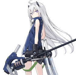 Rule 34 | 1girl, ahoge, blue jacket, from behind, gauntlets, headgear, holding, holding weapon, jacket, long hair, looking at viewer, looking back, original, poco (asahi age), purple eyes, shorts, silver hair, sleeveless, solo, standing, weapon, white background