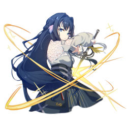 Rule 34 | absurdres, arknights, astesia (arknights), black hair, blue eyes, braid, closed mouth, highres, holding, holding sword, holding weapon, long hair, simple background, slashing, solo, sparkle, sword, weapon, white background, yumuto (spring1786)
