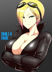 Rule 34 | &gt;:), 1girl, alternate costume, black gloves, blonde hair, breasts, center opening, character name, cleavage, closed mouth, collarbone, crossed arms, dated, eyewear on head, falke (street fighter), gloves, gradient hair, green eyes, high collar, large breasts, latex, looking at viewer, multicolored hair, okyou, pink hair, short hair, smile, solo, street fighter, street fighter v, upper body