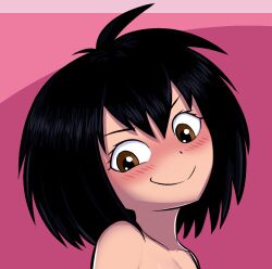 Rule 34 | 1girl, armpits, black hair, blush, brown eyes, cabronpr, unworn clothes, collarbone, completely nude, eyelashes, female focus, flat chest, hair between eyes, looking to the side, marvel, medium hair, naughty face, neck, nude, peni parker, pink background, shiny skin, sidelocks, smile, spider-man: into the spider-verse, spider-man (series), spider-verse, topless, topless frame, upper body