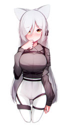 Rule 34 | 1girl, absurdres, animal ears, arknights, beudelb, black shirt, blush, breasts, cat ears, commentary, cropped legs, grey hair, hand up, headset, highres, implied extra ears, korean commentary, large breasts, long hair, looking at viewer, official alternate costume, schwarz (arknights), schwarz (skyline) (arknights), shirt, simple background, solo, thigh gap, thigh strap, very long hair, white background, white legwear, yellow eyes