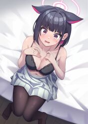Rule 34 | 1girl, absurdres, animal ears, black bra, black hair, black pantyhose, blue archive, bra, breasts, collarbone, colored inner hair, coma (light825), extra ears, from above, grey skirt, halo, hand on own chest, highres, kazusa (blue archive), large breasts, multicolored hair, navel, pantyhose, pink hair, pink halo, red eyes, short hair, sitting, skirt, solo, underwear