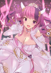 Rule 34 | 1girl, bare shoulders, breasts, cleavage, demon girl, dress, elbow gloves, fang, gloves, hands up, highres, horns, ironmouse, large breasts, light blush, long dress, looking at viewer, mi taro333, multicolored hair, off-shoulder dress, off shoulder, open mouth, pink dress, pink hair, purple eyes, purple hair, shouting, smile, solo, tiara, two-tone hair, virtual youtuber, vshojo, wings