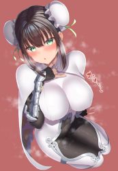 Rule 34 | 1girl, arm guards, black hair, blush, bodysuit, breasts, bun cover, cape, commentary request, covered erect nipples, covered navel, double bun, fate/grand order, fate (series), fingerless gloves, gloves, green eyes, green ribbon, hair bun, hair ribbon, hand on own chest, heavy breathing, highres, izure (pixiv16392012), large breasts, looking at viewer, open mouth, qin liangyu (fate), red background, ribbon, sidelocks, simple background, solo, steam, sweat, thighs, white bodysuit