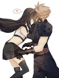 Rule 34 | 1boy, 1girl, armor, baggy pants, black gloves, black hair, black skirt, black thighhighs, blonde hair, closed eyes, closed mouth, cloud strife, comforting, couple, crop top, elbow gloves, feet out of frame, final fantasy, final fantasy vii, final fantasy vii rebirth, final fantasy vii remake, fingerless gloves, forehead-to-forehead, from side, gloves, hands on another&#039;s face, heads together, heart, highres, light blush, long hair, pants, ribbed sweater, sera (serappi), short hair, shoulder armor, simple background, skirt, sleeveless, sleeveless turtleneck, smile, spiked hair, spoken heart, suspender skirt, suspenders, sweater, tank top, thighhighs, tifa lockhart, turtleneck, turtleneck sweater, white tank top, zettai ryouiki