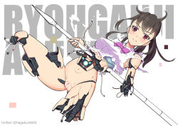 Rule 34 | 1girl, absurdres, amputee, android, bar censor, black hair, blush, bottomless, bow, bowtie, brown eyes, censored, clitoris, female focus, highres, impaled, injury, looking at viewer, mechanical parts, number10 (hagakure), original, polearm, pussy, science fiction, solo, spear, torn clothes, twitter username, weapon, unfinished
