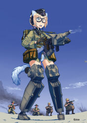 Rule 34 | 1girl, 4boys, animal ears, artist name, belt pouch, black gloves, blonde hair, blue sky, bolt action, braid, braided bun, day, desert, erica (naze1940), full body, garrison cap, gloves, goggles, green eyes, green jacket, gun, hair bun, hat, headset, hilma prion, jacket, land striker, long sleeves, mauser 98, multiple boys, no pants, open mouth, outdoors, panties, pouch, rifle, short hair, sky, smoke, smoking gun, solo focus, standing, strike witches (lionheart witch), submachine gun, tail, teeth, underwear, upper teeth only, weapon, white panties, world witches series