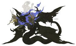Rule 34 | bull, character name, clenched teeth, commentary, concept art, demon, demon wings, doi masayuki, fire, frog, full body, goat, hand on own face, highres, horns, locust, multiple wings, official art, scorpion tail, shin megami tensei, shin megami tensei iv, shin megami tensei iv final, snake, tail, teeth, wings, yhvh