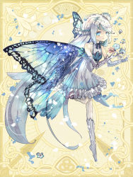 Rule 34 | 1girl, absurdly long hair, blue eyes, breasts, bug, butterfly, butterfly wings, chain paradox, dress, elbow gloves, flower, frilled dress, frills, full body, gloves, hair flower, hair ornament, harenochi hareta, highres, insect, insect wings, long hair, official art, silver hair, small breasts, solo, very long hair, wings, yellow background
