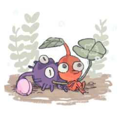 Rule 34 | black eyes, bubble, bud, closed eyes, clover, colored skin, commentary request, fern, four-leaf clover, holding, holding clover, keylow, leaf, leaning on person, lying, nintendo, no humans, no mouth, on back, oversized plant, pikmin (creature), pikmin (series), pointy nose, purple hair, purple pikmin, purple skin, red pikmin, red skin, short hair, sitting, very short hair, white background