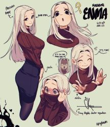 Rule 34 | 1girl, ?, blush, breasts, character name, empty eyes, english text, enma (tipsytrains), flying sweatdrops, grey eyes, grey hair, heart, highres, long hair, medium breasts, nervous, original, pantyhose, pencil skirt, ribbed sweater, scar, scar on hand, signature, skirt, sweat, sweater, tearing up, tipsytrains, turtleneck, turtleneck sweater