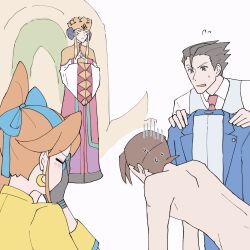 Rule 34 | 2boys, 2girls, ace attorney, all fours, apollo justice, athena cykes, black gloves, black hair, blue jacket, blue ribbon, blue vest, blush, brown hair, capelet, caramelrag, closed eyes, closed mouth, collared shirt, covering face, crescent, crescent earrings, crown, double bun, dress, earrings, from behind, ga&#039;ran sigatar khura&#039;in, gloom (expression), gloves, hair bun, hair ribbon, hands in opposite sleeves, highres, holding, holding clothes, holding jacket, jacket, jewelry, lapel pin, lapels, long dress, looking at another, multicolored clothes, multicolored dress, multiple boys, multiple girls, necktie, nude, open mouth, orange hair, own hands together, phoenix wright, phoenix wright: ace attorney - spirit of justice, pink necktie, ribbon, shirt, short hair, side ponytail, sidelocks, simple background, smile, spiked hair, standing, vest, white background, white shirt, wide sleeves, yellow capelet, yellow jacket