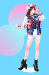 Rule 34 | 1girl, alternate costume, animal hat, animal print, ankle boots, baseball cap, bird print, black footwear, black neckwear, blowing bubbles, boots, bracelet, brown eyes, brown hair, buttons, casual, character name, chewing gum, choker, collarbone, color guide, cross-laced footwear, d.va (overwatch), earrings, eyelashes, facepaint, facial mark, fingernails, floral print, full body, gradient hair, hat, high heel boots, high heels, highres, jacket, jewelry, juneseo, lace-up boots, letterman jacket, long hair, long sleeves, looking at viewer, makeup, mascara, multicolored hair, nail polish, one eye closed, open clothes, open jacket, overwatch, overwatch 1, pink hair, pink nails, rabbit hat, rose print, short shorts, shorts, signature, solo, standing, whisker markings, white hat, white shorts