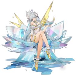 Rule 34 | 1girl, ark order, black eyes, blue hair, bracelet, breasts, crossed legs, dress, flower, gold footwear, hair ornament, high heels, highres, holding, horn (instrument), horns, ice, jewelry, large breasts, long hair, looking at viewer, mimir (ark order), mole, mole under eye, necklace, official art, plant, pouring, pouring onto self, shenq, sitting, smile, solo, sparkle, tachi-e, transparent background, very long hair, vines, wet, white dress, white sleeves
