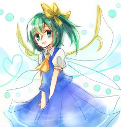 Rule 34 | 1girl, ascot, bow, daiyousei, fairy wings, green eyes, green hair, hair bow, heart, heart of string, matching hair/eyes, mayo (mayomr29), open mouth, side ponytail, simple background, solo, touhou, wings
