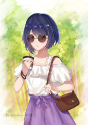 Rule 34 | 1girl, alternate costume, bag, bare shoulders, blue hair, casual, commentary request, contemporary, cup, disposable cup, drinking straw, forest, genshin impact, hand up, handbag, holding, holding cup, kujou sara, maron star, nature, off-shoulder shirt, off shoulder, outdoors, partial commentary, purple skirt, round eyewear, shirt, short hair, short sleeves, skirt, solo, sunglasses, tree, upper body, white shirt, yellow eyes