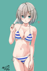 Rule 34 | 10s, 1girl, 2016, absurdres, areola slip, bikini, blue eyes, breasts, cleavage, condom, dated, eyebrows, eyes visible through hair, food, hair ornament, hair over one eye, hairclip, hamakaze (kancolle), highres, holding, holding condom, kantai collection, kntrs (knyrs), navel, popsicle, signature, silver hair, smile, solo, standing, striped bikini, striped clothes, swimsuit