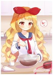 Rule 34 | 1girl, azur lane, blonde hair, blue sailor collar, blurry, blurry background, chocolate, commission, conet510, cooking, detached sleeves, hair ornament, hair ribbon, heart, highres, holding, jenkins (azur lane), kitchen, long hair, necktie, red eyes, red necktie, red ribbon, ribbon, sailor collar, shirt, signature, skeb commission, smile, solo, valentine, wavy hair, whisk, whisking, white shirt