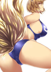 Rule 34 | 1girl, adapted costume, animal ears, ass, bare arms, bare shoulders, blonde hair, blue one-piece swimsuit, breasts, closed mouth, fox ears, fox tail, from behind, hand on own hip, large breasts, leotard, looking at viewer, looking back, multiple tails, one-piece swimsuit, profile, short hair, sideboob, solo, swimsuit, tail, tobisawa, touhou, wrestling outfit, yakumo ran, yellow eyes