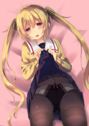 Rule 34 | 10s, 1girl, ahoge, black panties, black pantyhose, blush, bow, bow panties, cardigan, clothes lift, crotch seam, hair ribbon, highres, kantai collection, lace, lace-trimmed panties, lace trim, lifting own clothes, light brown hair, looking at viewer, lying, murasame (kancolle), on back, open mouth, panties, panties over pantyhose, pantyhose, pleated skirt, purunyara, red eyes, ribbon, school uniform, skirt, skirt lift, solo, thighband pantyhose, twintails, underwear