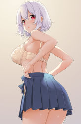 Rule 34 | 1girl, ass, azur lane, back, bare shoulders, blue skirt, blush, bra, breasts, gradient background, hair between eyes, highres, large breasts, looking at viewer, looking back, open mouth, pleated skirt, red eyes, short hair, sirius (azur lane), skirt, takayaki, underwear, white bra, white hair