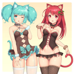 Rule 34 | 2girls, animal ear fluff, animal ears, bell, black legwear, blue eyes, blue hair, blush, bow, breasts, cat ears, cat girl, cat tail, chestnut mouth, cleavage, clothing cutout, collar, corset, cross-laced clothes, cross-laced cutout, detached collar, female focus, food-themed hair ornament, garter straps, hair ornament, halterneck, hand on own hip, large breasts, long hair, looking at viewer, multiple girls, navel, navel cutout, one eye closed, open mouth, original, red eyes, red hair, sasaame, scrunchie, short hair, simple background, skindentation, standing, tail, thighhighs, unmoving pattern, white legwear, wrist scrunchie