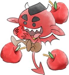 Rule 34 | 1boy, apple, black eyes, brown pants, demon, demon horns, demon tail, demon wings, eating, food, fruit, horns, lowres, nintendo, official art, open mouth, pants, red (warioware), scarf, tail, takeuchi kou, third-party source, tongue, tongue out, transparent background, warioware, warioware: get it together!, wings, yellow scarf