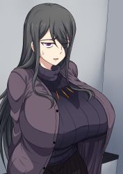 Rule 34 | 1girl, absurdres, black hair, breasts, eyes visible through hair, hair over breasts, highres, huge breasts, jacket, long hair, open clothes, open jacket, open mouth, original, purple eyes, solo, standing, sweatdrop, sweater, turtleneck, turtleneck sweater, zasshu nigou