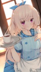 Rule 34 | 1girl, absurdres, ahoge, akizuki kanna, apron, backlighting, blue bow, blue collar, blue skirt, blush, bow, breasts, cafe, cafe stella to shinigami no chou, closed mouth, coffee, coffee cup, collar, commentary, cup, disposable cup, eyelashes, frilled apron, frilled skirt, frills, hair between eyes, hair bow, hand on own chest, hand up, highres, holding, holding tray, indoors, large breasts, light blue jacket, long hair, looking at viewer, nodoameyatou, pinstripe jacket, pinstripe pattern, plaid collar, plate, ponytail, puffy short sleeves, puffy sleeves, purple eyes, short sleeves, sidelocks, skirt, smile, smug, solo, sparkle, standing, striped, sunlight, tray, very long hair, waitress, white apron, white hair, window, yuzu-soft