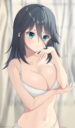 Rule 34 | 1girl, :t, absurdres, bare arms, bare shoulders, bikini, black hair, blue eyes, bra, breast hold, breasts, cleavage, closed mouth, collarbone, commentary, english commentary, hair between eyes, head rest, highres, large breasts, long hair, looking at viewer, navel, original, panties, rynzfrancis, solo, stomach, swimsuit, twitter username, underwear, underwear only, upper body, white bikini, white bra, white panties