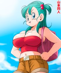 Rule 34 | 1girl, armpits, artist name, bag, bare shoulders, belt, blue eyes, blush, bouncing breasts, breasts, bulma, carrying, carrying over shoulder, cleavage, cloud, cowboy shot, day, dragon ball, dragon ball (classic), female focus, from below, green hair, groin, hair bobbles, hair ornament, hair over shoulder, hands on own hips, highres, large breasts, legs, long hair, looking at viewer, midriff, motion lines, navel, open mouth, outdoors, pink bag, red tube top, short shorts, shorts, side ponytail, sky, smile, solo, standing, strapless, thighs, tube top, yamamoto doujin