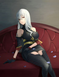 Rule 34 | 1girl, absurdres, arm support, bare shoulders, black gloves, breasts, couch, gloves, hair between eyes, highres, large breasts, long hair, military, military uniform, petals, red eyes, selvaria bles, senjou no valkyria, senjou no valkyria (series), senjou no valkyria 1, silver hair, sitting, uniform, yuuge ningen