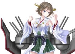 Rule 34 | 1girl, bare shoulders, blue eyes, brown hair, cannon, detached sleeves, flipped hair, green skirt, headgear, hiei (kancolle), hiei kai ni (kancolle), japanese clothes, kantai collection, nontraditional miko, plaid, plaid skirt, ribbon-trimmed sleeves, ribbon trim, rigging, short hair, simple background, skirt, solo, turret, white background, yatsu seisakusho