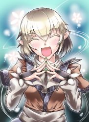 Rule 34 | 1girl, arm warmers, blonde hair, bridal gauntlets, colored eyelashes, closed eyes, fingers together, mizuhashi parsee, nail polish, pointy ears, ryuuno stadtfeld, sash, shirt, solo, steepled fingers, touhou