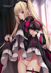 Rule 34 | 1girl, black bow, black ribbon, blazblue, blonde hair, blunt bangs, blush, bottomless, bow, bowtie, breasts, censored, commentary request, daiaru, detached sleeves, dress, eyes visible through hair, frilled dress, frilled sleeves, frills, gothic lolita, hair bow, heart, heart-shaped pupils, highres, large bow, lifted by self, lolita fashion, long hair, mosaic censoring, navel, pussy, rachel alucard, red bow, red eyes, ribbon, sex toy, small breasts, smile, solo, symbol-shaped pupils, twintails, very long hair, vibrator, vibrator in thigh strap, wide sleeves