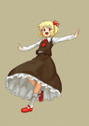 Rule 34 | 1girl, :d, absurdres, blonde hair, blush, embodiment of scarlet devil, fang, fangs, female focus, hair ribbon, highres, open mouth, outstretched arms, red eyes, ribbon, rumia, shibasaki shouji, short hair, simple background, smile, solo, spread arms, touhou