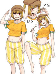 Rule 34 | 1girl, arm up, barefoot, blonde hair, brown hat, cabbie hat, dango, food, hat, highres, holding, holding food, kakone, mg mg, navel, open mouth, orange shirt, red eyes, ringo (touhou), shirt, short hair, short sleeves, shorts, simple background, smile, solo, standing, standing on one leg, striped clothes, striped shorts, touhou, wagashi, white background, yellow shorts