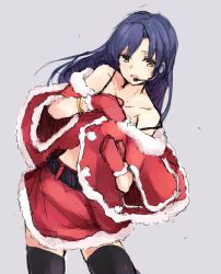 Rule 34 | 1girl, bad id, bad pixiv id, bare shoulders, belt, blue hair, bracelet, capelet, christmas, female focus, grey background, headset, idolmaster, idolmaster (classic), jewelry, kisaragi chihaya, long hair, microphone, midriff, mittens, ohayohayo, red mittens, santa costume, simple background, skirt, solo, strap slip, thighhighs, yellow eyes