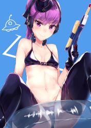Rule 34 | 1girl, absurdres, bikini, black bikini, black footwear, blue background, blush, boots, breasts, cleavage, commentary request, fate/grand order, fate (series), gun, hat, headphones, helena blavatsky (fate), helena blavatsky (swimsuit archer) (fate), helena blavatsky (swimsuit archer) (third ascension) (fate), highres, holding, holding gun, holding weapon, innertube, looking at viewer, military hat, nanakaku, navel, ponytail, purple eyes, purple hair, short hair, small breasts, smile, solo, stomach, swim ring, swimsuit, thigh boots, thighhighs, transparent, ufo, underboob, weapon