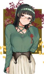 Rule 34 | 1girl, alternate costume, black hair, blunt bangs, choukai (kancolle), commentary request, cowboy shot, dated, glasses, green shirt, highres, iwatsuki aware, kantai collection, long hair, red eyes, rimless eyewear, shirt, signature, skirt, sleeves past wrists, smile, solo, white skirt