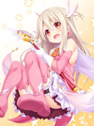 Rule 34 | 1girl, :d, absurdres, ascot, cape, earrings, fate/kaleid liner prisma illya, fate (series), frilled skirt, frills, hair ornament, highres, holding, illyasviel von einzbern, jewelry, kaleido ruby, long hair, looking at viewer, magical girl, open mouth, pink thighhighs, prisma illya, red eyes, silver hair, skirt, smile, solo, thighhighs, toosaka rin, two side up, wakagi repa, zettai ryouiki