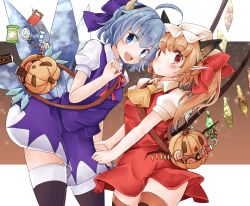 Rule 34 | 2girls, animal ears, ascot, bag, black thighhighs, blonde hair, blue bow, blue eyes, blue hair, blush, border, bow, bowtie, breasts, brown background, brown thighhighs, candy, cat ears, chocolate, cirno, collar, collared dress, crystal, dress, english text, eyes visible through hair, fang, flandre scarlet, food, gradient background, hair between eyes, hair bow, halloween, hand up, hat, holding hands, horns, ice, ice wings, jewelry, jyaoh0731, lollipop, looking at viewer, looking to the side, medium breasts, mob cap, multicolored wings, multiple girls, one side up, open mouth, orange legwear, pointy ears, puffy short sleeves, puffy sleeves, pumpkin, purple bow, purple dress, red bow, red bowtie, red dress, red eyes, shirt, short hair, short sleeves, standing, teeth, thighhighs, tongue, touhou, white border, white headwear, white shirt, white thighhighs, wings, yellow ascot