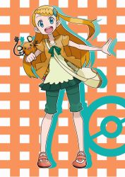 Rule 34 | 1girl, aged up, bag, blonde hair, blue eyes, bonnie (pokemon), creatures (company), dedenne, game freak, gen 6 pokemon, handbag, long hair, mabu (dorisuto), nintendo, open mouth, pokemon, pokemon (anime), pokemon (creature), pokemon xy, pokemon xy (anime), side ponytail, skirt