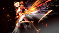 Rule 34 | 1girl, aestus estus, ahoge, blonde hair, breasts, choker, clare (543), cleavage, copyright name, dress, epaulettes, fate/grand order, fate (series), flaming sword, flaming weapon, from side, green eyes, hair ribbon, high heels, highres, holding, holding sword, holding weapon, juliet sleeves, long sleeves, nero claudius (fate), nero claudius (fate) (all), nero claudius (fate/extra), puffy sleeves, red dress, red ribbon, ribbon, see-through, short hair, small breasts, solo, sword, weapon